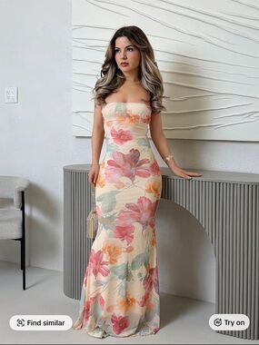 Strapless Floral Maxi Dress in Cream and Pink